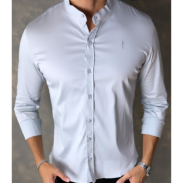 Camisa Gola Padre Acetinado Cinza Claro Manga Longa G