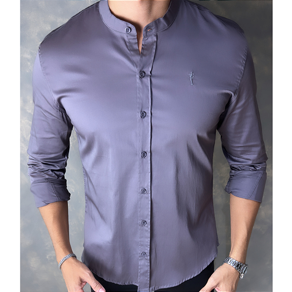 Camisa Gola Padre Acetinado Cinza Grafite Manga Longa G