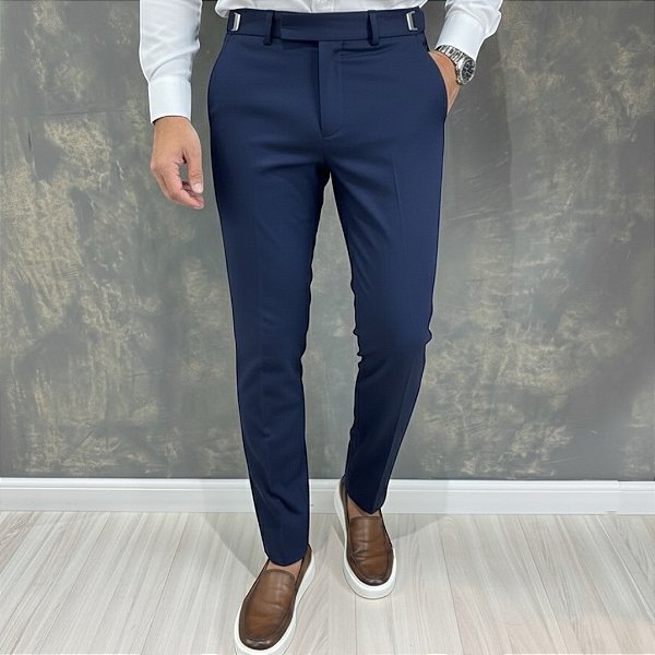Calça Alfaiataria Slim Azul Marinho Com Regulagem Lateral