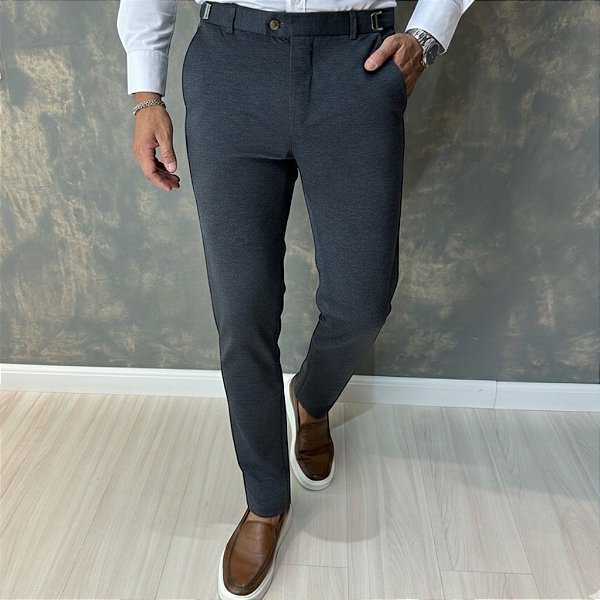 Calça Alfaiataria Slim Chumbo Com Regulagem Lateral