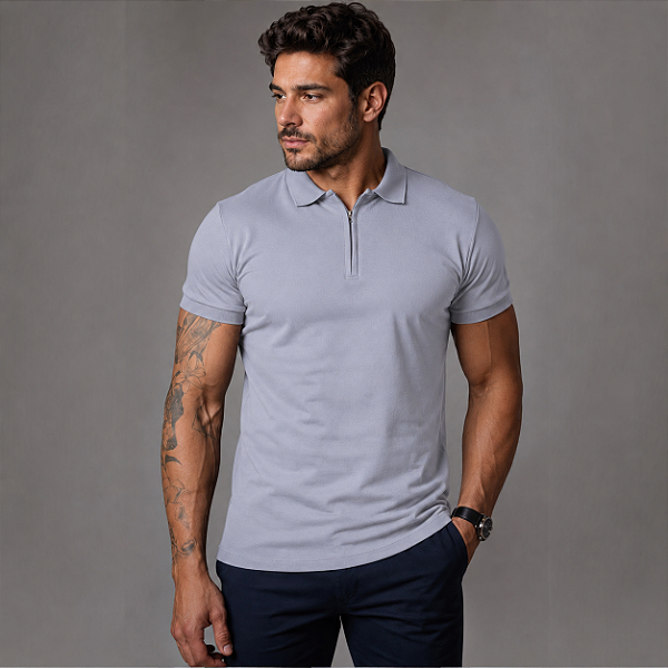Camisa Polo Ziper Cinza