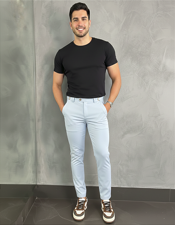 Calça Alfaiataria Skinny Azul Claro Com Regulagem Lateral
