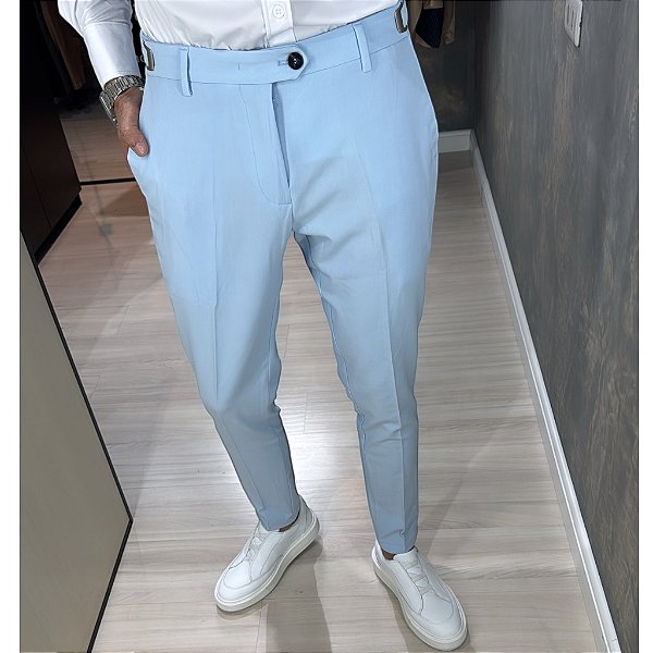 Calça Alfaiataria Skinny Azul Claro Com Regulagem Lateral