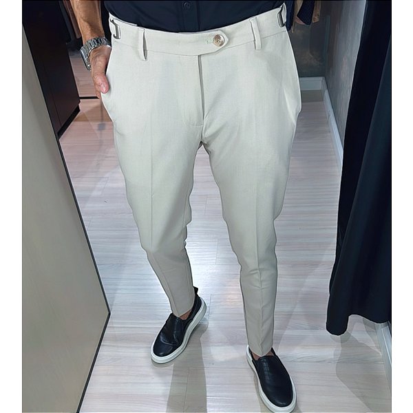 Calça Alfaiataria Skinny Areia Com Regulagem Lateral