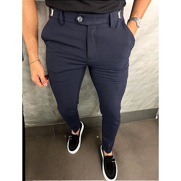 Calça Alfaiataria Skinny Azul Marinho Com Regulagem Lateral