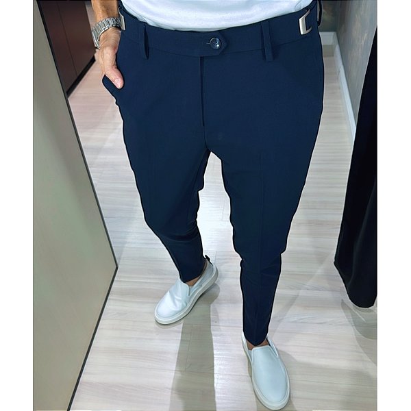 Calça Alfaiataria Skinny Azul Marinho Com Regulagem Lateral