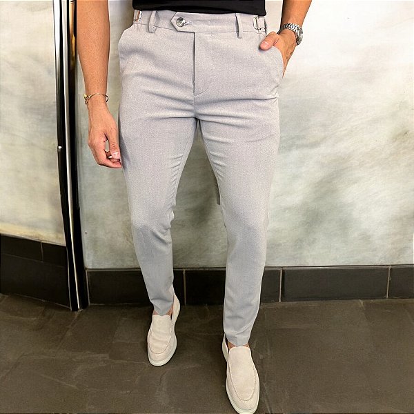 Calça Alfaiataria Skinny Cinza Com Regulagem Lateral