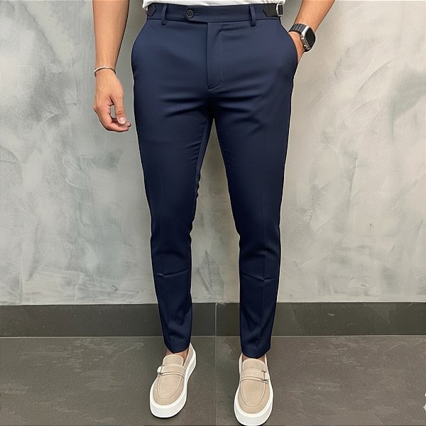 Calça Alfaiataria Slim Azul Marinho com Ajuste na Lateral Manual