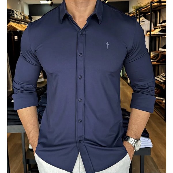 Camisa Slim Fit Azul Marinho Ultra Elástica