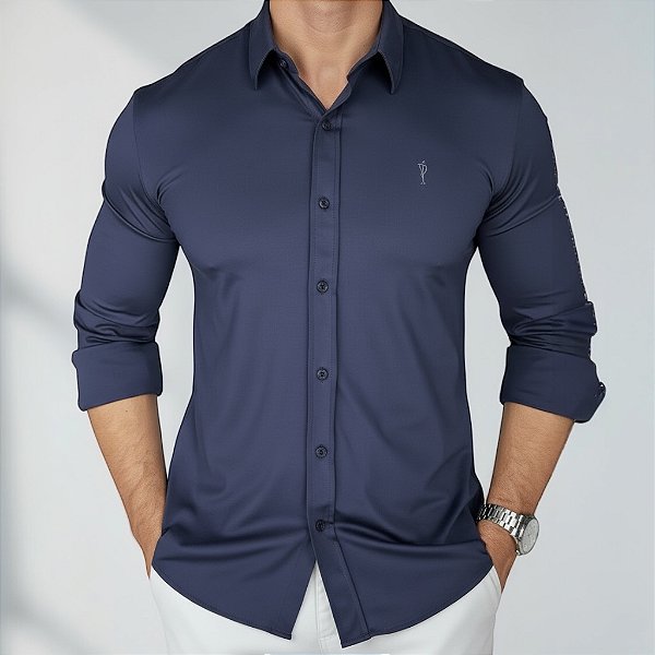 Camisa Slim Fit Azul Marinho Ultra Elástica