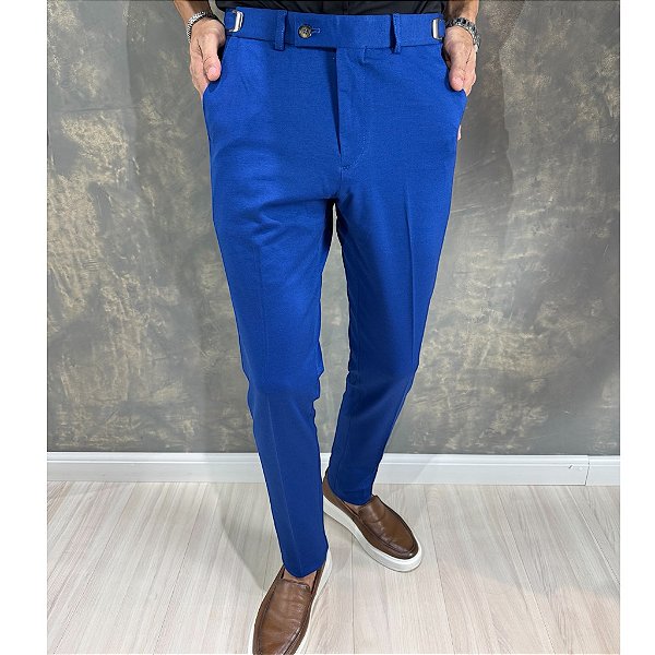 Calça Alfaiataria Slim Azul Royal Com Regulagem Lateral