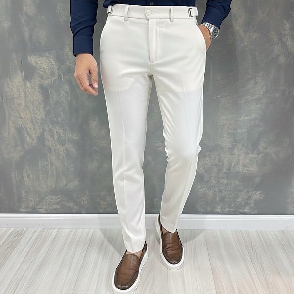 Calça Alfaiataria Slim Off White Com Regulagem Lateral