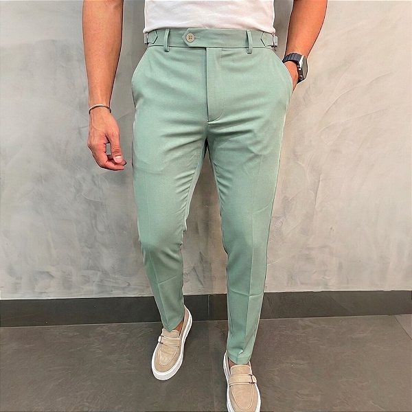 Calça Alfaiataria Slim Verde Claro com Ajuste na Lateral Manual