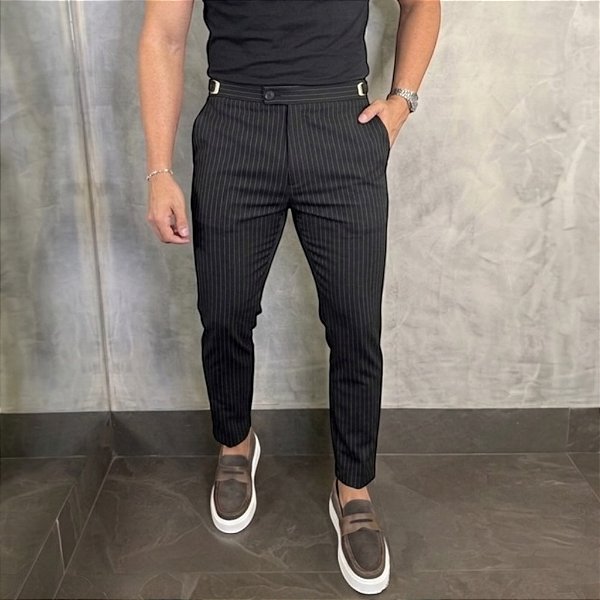 Calça Alfaiataria Slim Viena Risca De Giz Black Com Regulagem Lateral