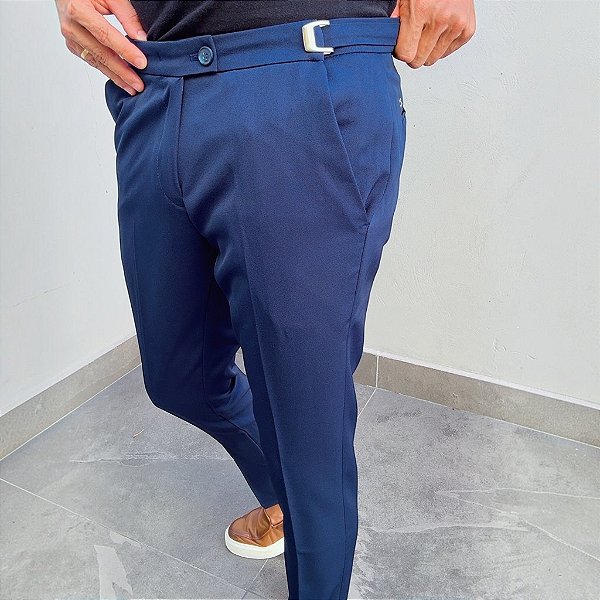 Calça Alfaiataria Slim Viena Azul Marinho Com Ajuste Lateral