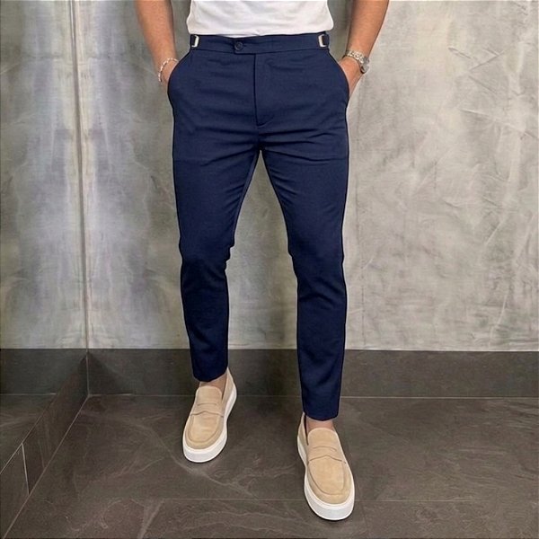 Calça Alfaiataria Slim Viena Azul Marinho Com Regulagem Lateral