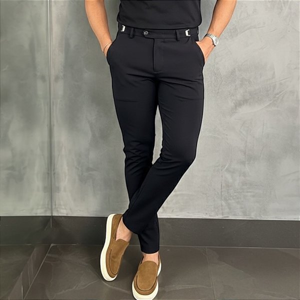 Calça Alfaiataria Atenas Slim Preta Com Regulagem Lateral