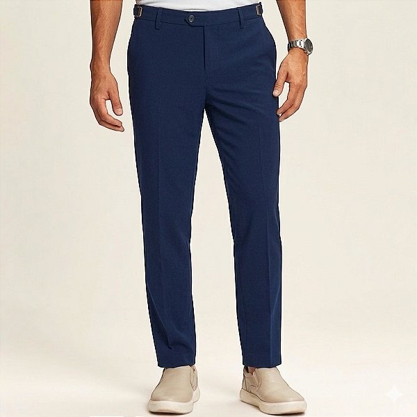 Calça Alfaiataria Atenas Slim Marinho Com Regulagem Lateral