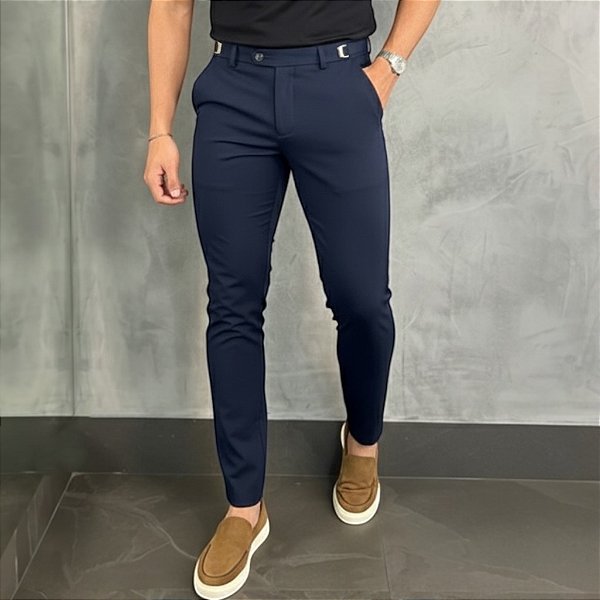 Calça Alfaiataria Atenas Slim Marinho Com Regulagem Lateral