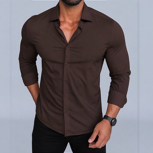 Camisa Slim Fit Tecnologica Marrom Café Manga Longa Fibra De Bambu