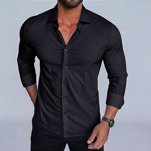 Camisa Slim Fit Tecnologica Preta Manga Longa Fibra De Bambu