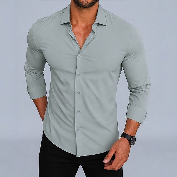 Camisa Slim Fit Tecnologica Verde Àgua Manga Longa Modal