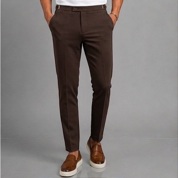 Calça Alfaiataria Slim Viena Marrom Café Com Regulagem Lateral