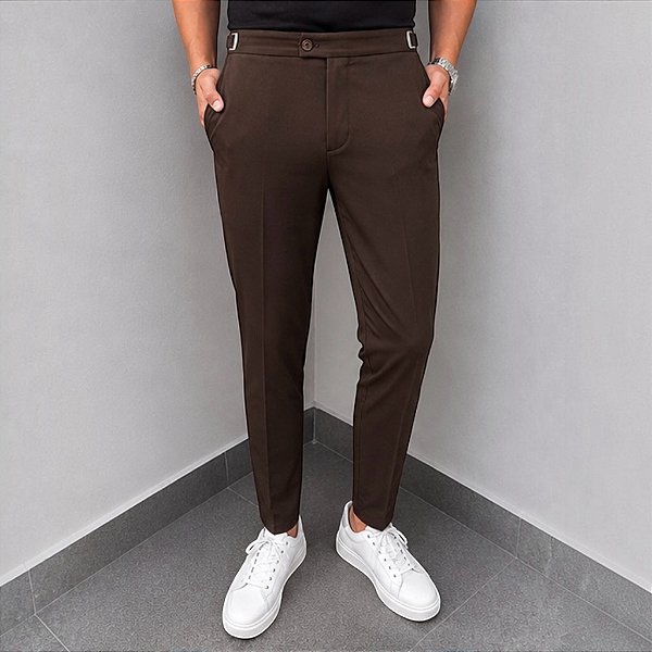 Calça Alfaiataria Slim Viena Marrom Café Com Regulagem Lateral