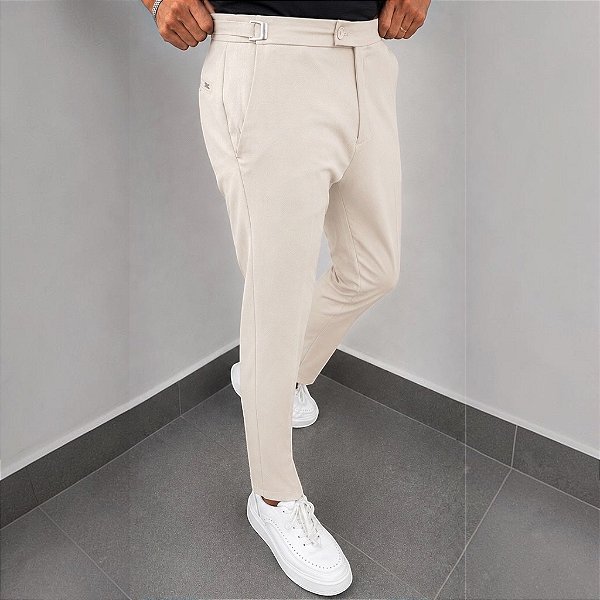 Calça Alfaiataria Slim Viena Areia Com Regulagem Lateral