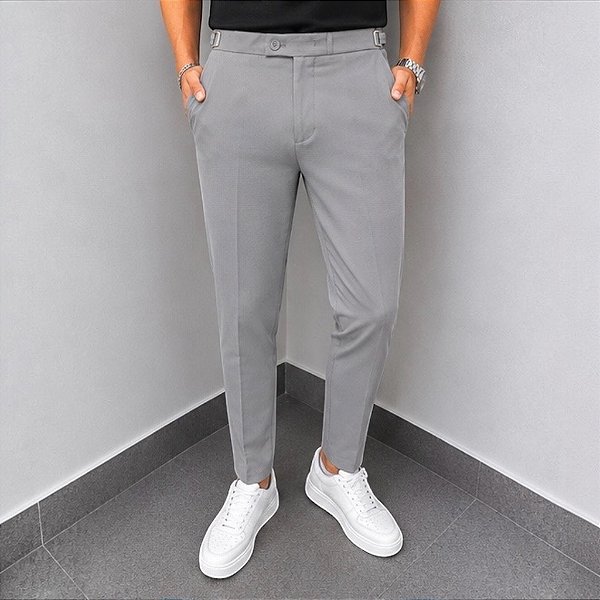 Calça Alfaiataria Slim Viena Cinza Com Regulagem Lateral