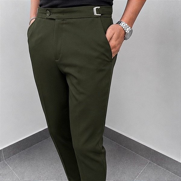 Calça Alfaiataria Slim Viena Verde Militar Com Regulagem Lateral