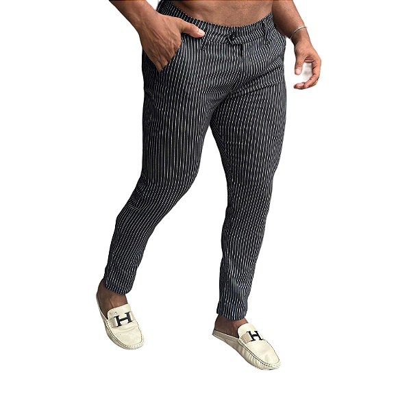 Calça Alfaiataria Cós Italiano: Black Risca De Giz
