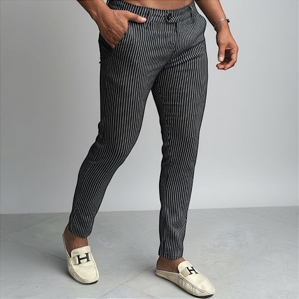 Calça Alfaiataria Cós Italiano: Black Risca De Giz