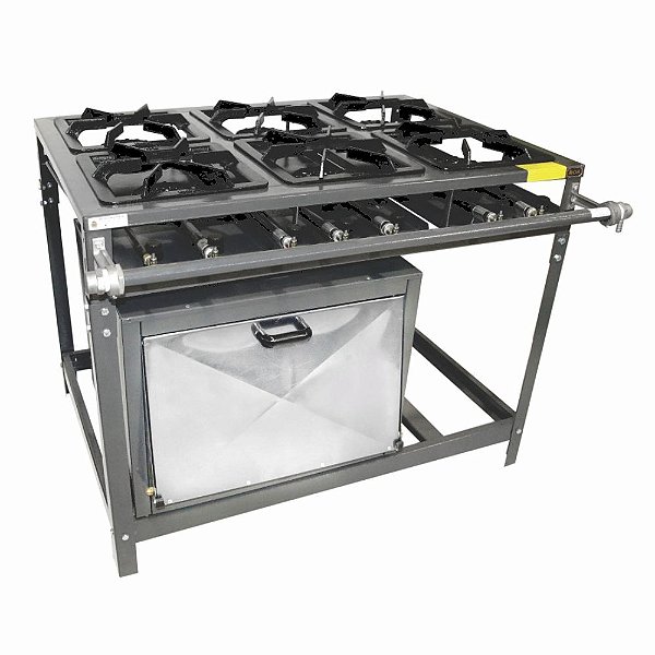 Fogão Industrial Omega 6 Bocas 30x30 Baixa Pressão 3 Duplas 3 Simples c/ Chapa e Forno