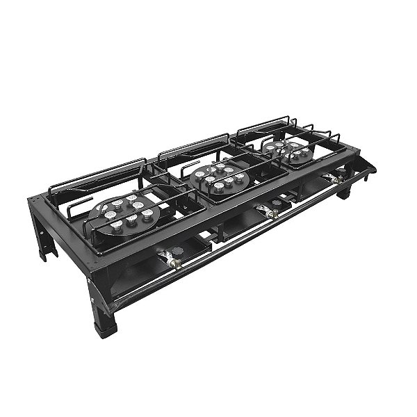Fogão Semi-Industrial Alta Pressão 3 Bocas Grande Preto sem Pé com Mang e Registro