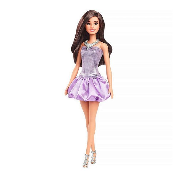 Boneca Barbie Fashionistas 234 Vestido Roxo Brilhante Colar