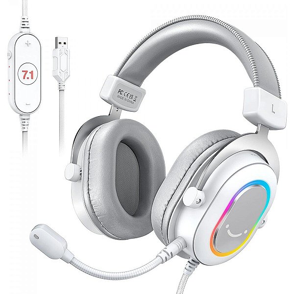 Headset Gamer Fifine H6W RGB 7.1 Surround Drivers de 50mm USB - Branco