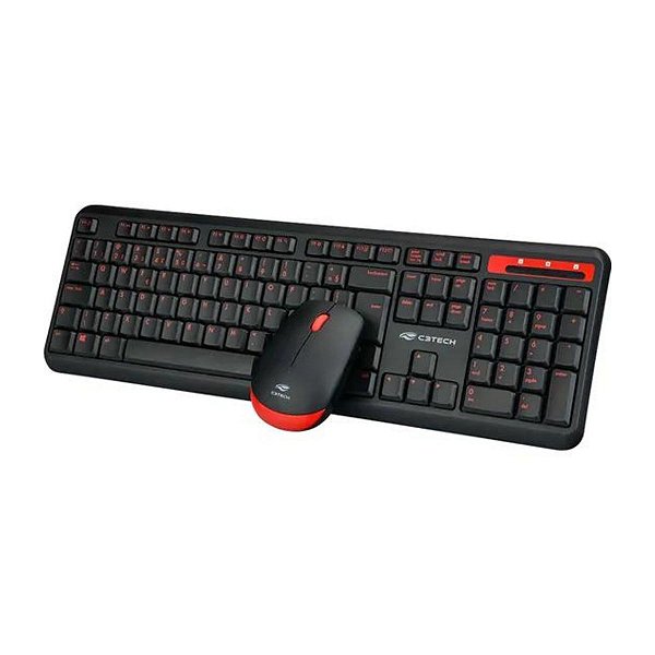 Kit Teclado e Mouse C3Tech K-W100BK Sem Fio USB Plug and Play 1200DPI Preto e Vermelho