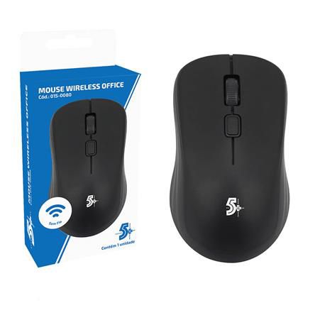 Mouse Sem Fio 5+ 2.4Ghz Office Wireless 1000DPI Pilha AAA Preto