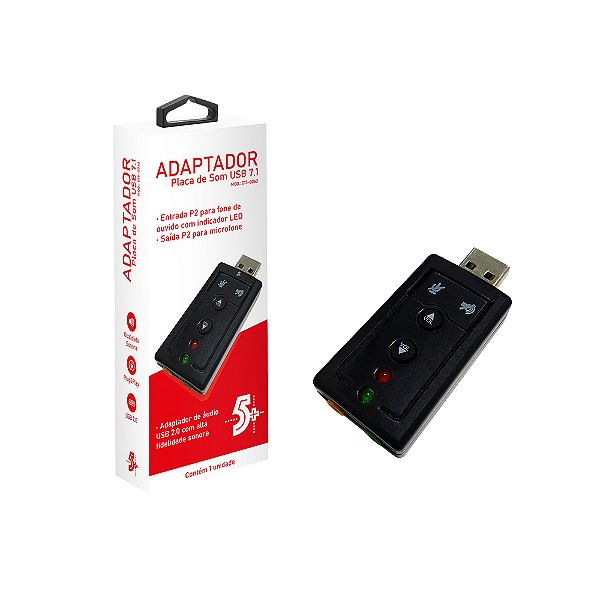 Adaptador Placa de Som 5+ Fone e Microfone USB 2.0 7.1 Entrada P2 - 015-0063