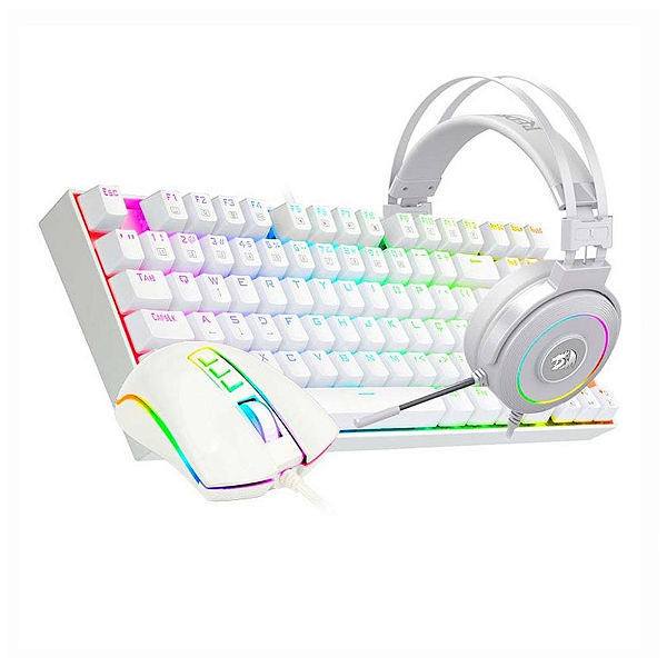 Kit Gamer Redragon RGB Headset Lamia 2 40mm + Teclado Kumara Switch Outemu Brown + Mouse Cobra 12400DPI Branco - S125W