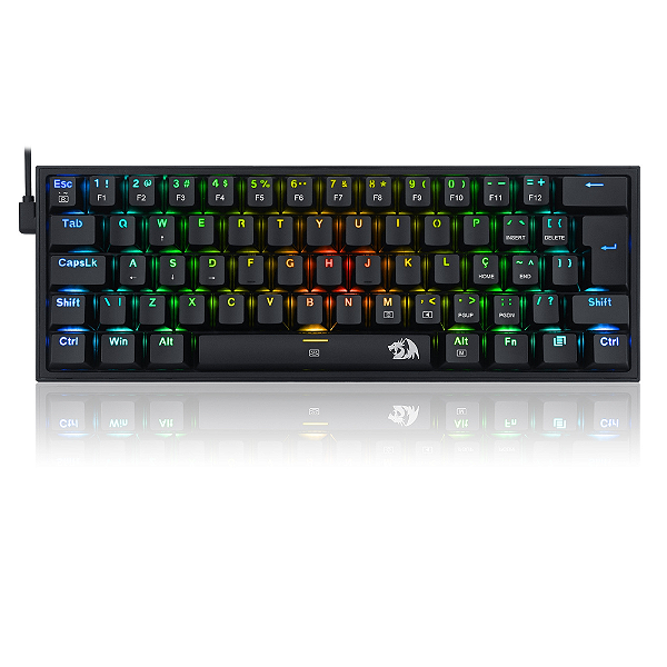 Teclado Mecânico Gamer Redragon Fizz RGB Switch Azul 60% USB-C 2.0 Preto -  K617-RGB-B