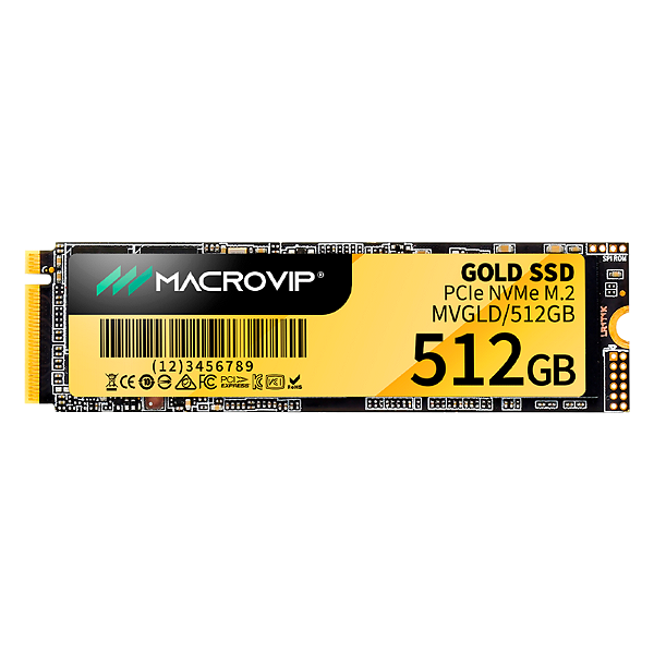 SSD M.2 NVMe Macrovip Gold 512GB 2280 PCIe Gen 3x4 Leitura 1600MB/s Gravação 2400MB/s Preto e Amarelo - MVGLD/512GB
