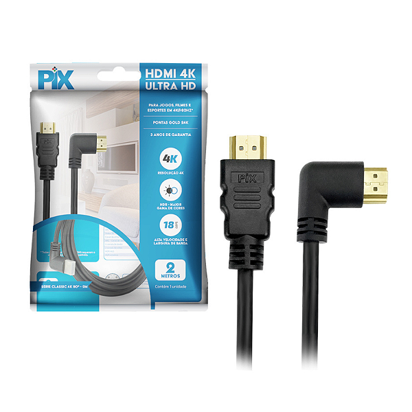 Cabo HDMI 2.0 2 Metros 4K HDR 19 Pinos Plug 90 Graus 30AWG 21:9 - Pix