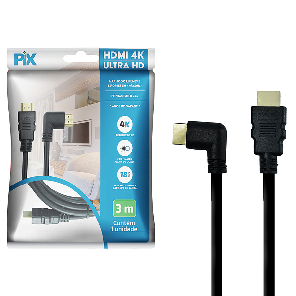 Cabo HDMI 2.0 4K HDR 19 Pinos Plug 90 Graus 30AWG 3 Metros - Pix
