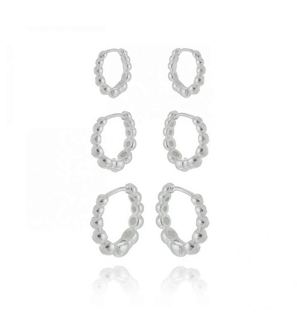 Trio argolas de bolinhas na prata 925