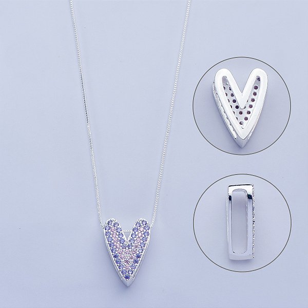 Colar de coração lilás e rose na prata