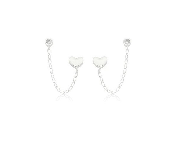 Brinco para dois furos coração e ponto de luz na prata 925