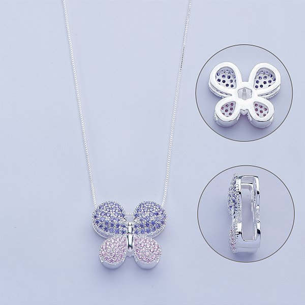 Colar de borboleta lilás e rosé na prata