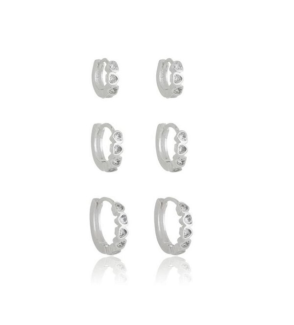 Trio de argola com formato de coração na prata